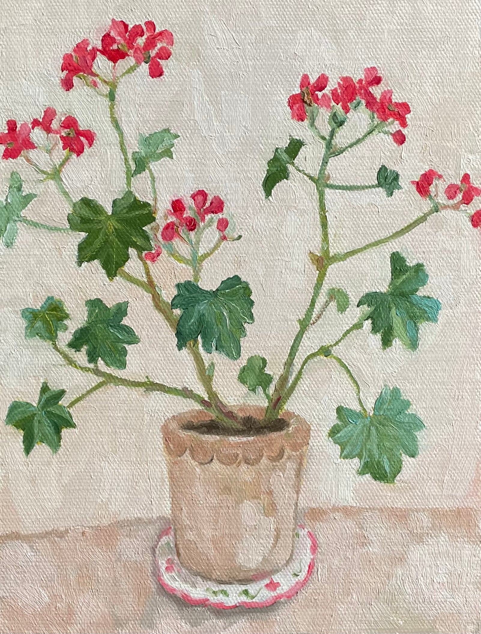 painting of a geranium in a terracotta pot, oil on linen board