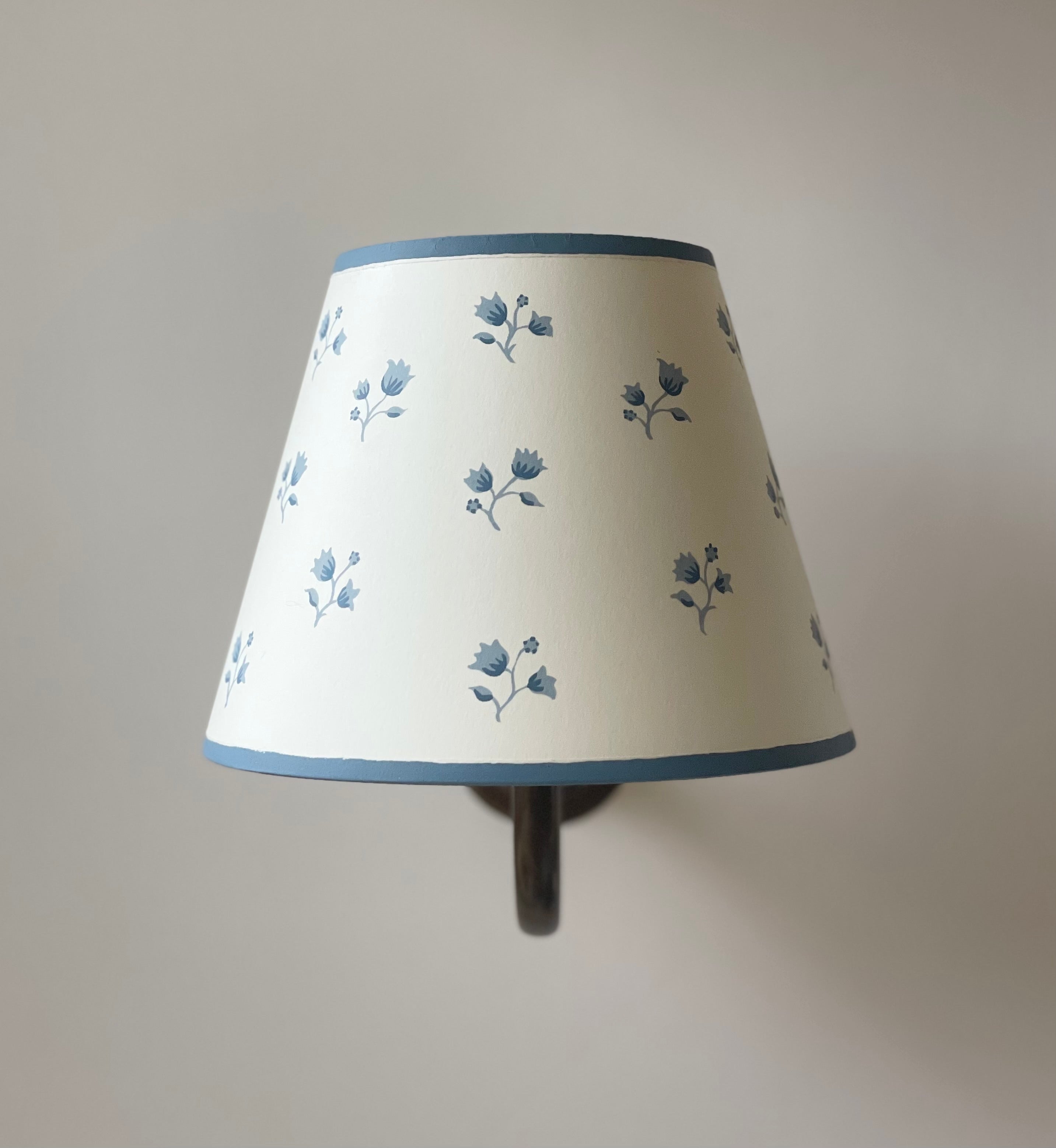 pale cream card handpainted lampshade, painted with little blue sprigs