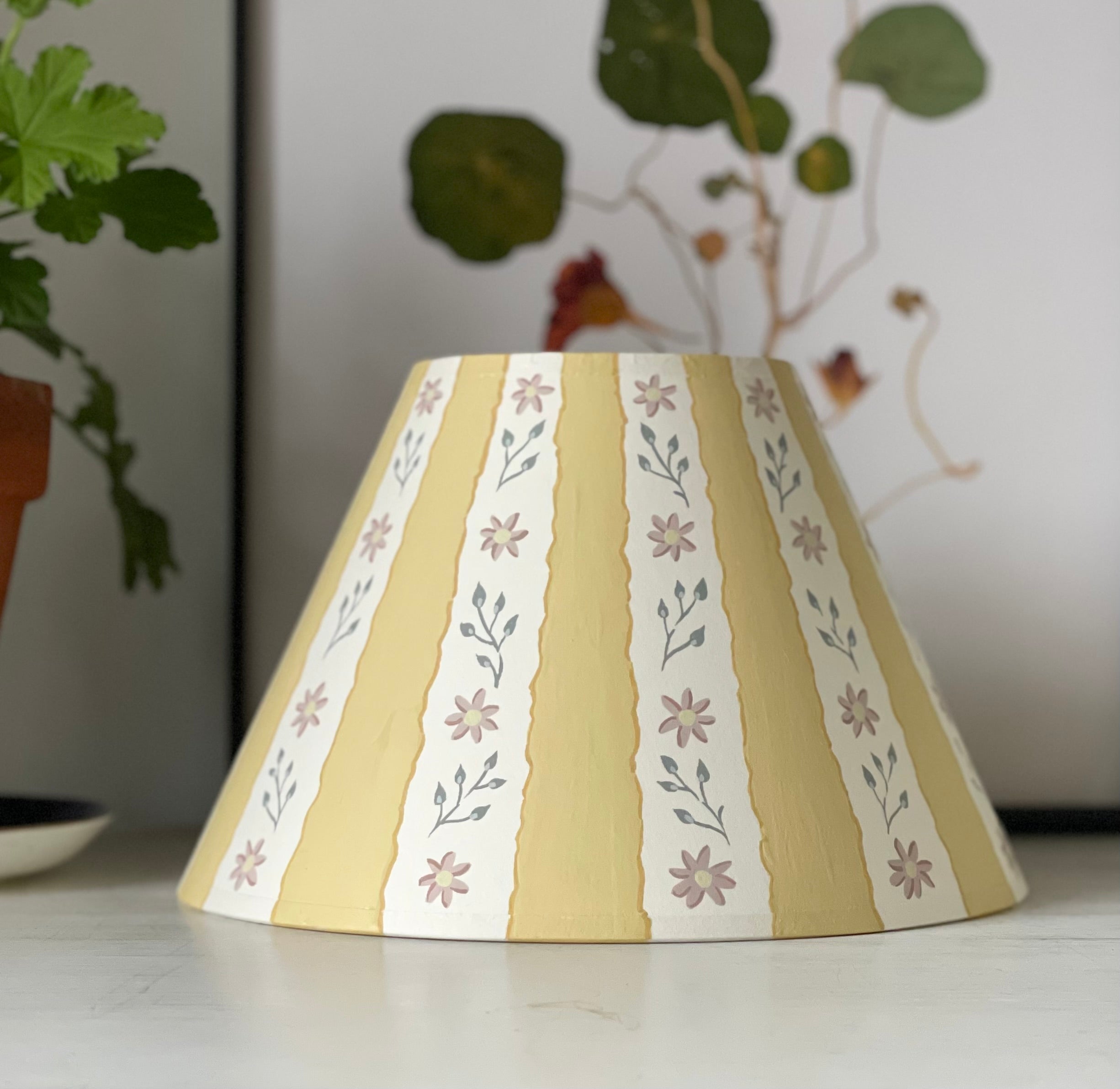 Yellow stripes with little flowers handpainted lampshade