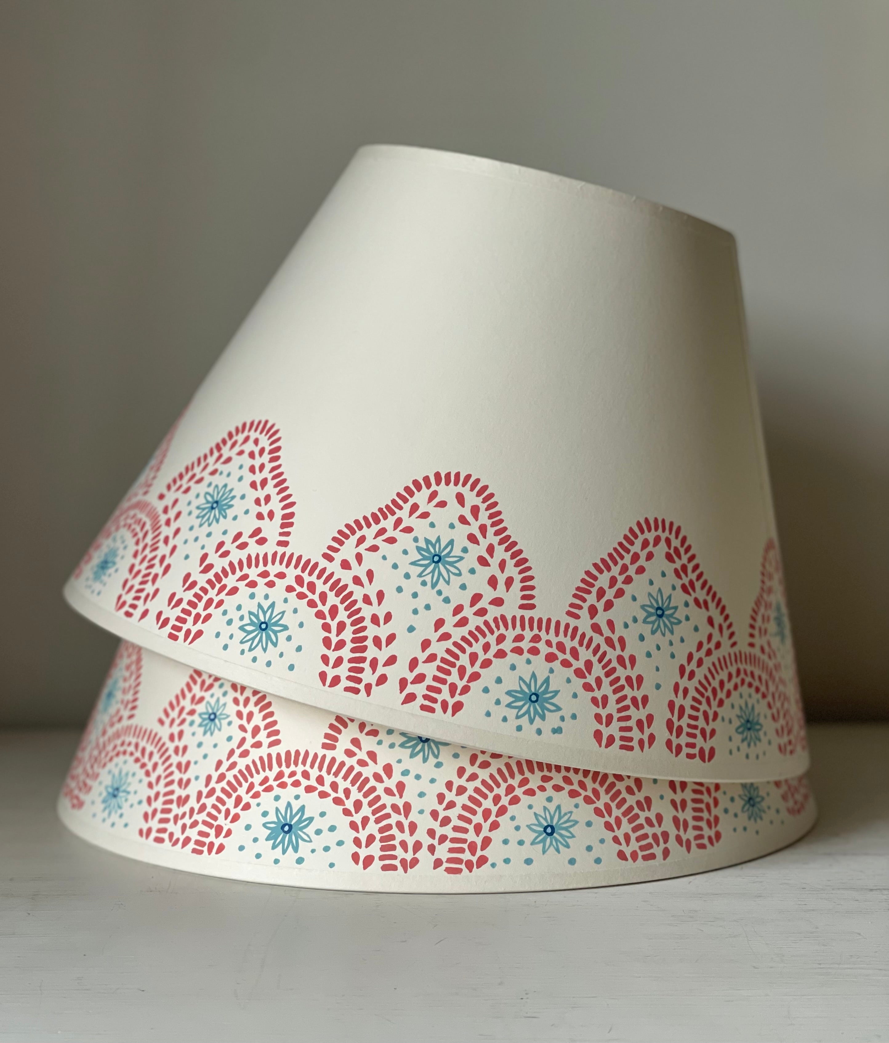 Red and teal abstract handpainted lampshades