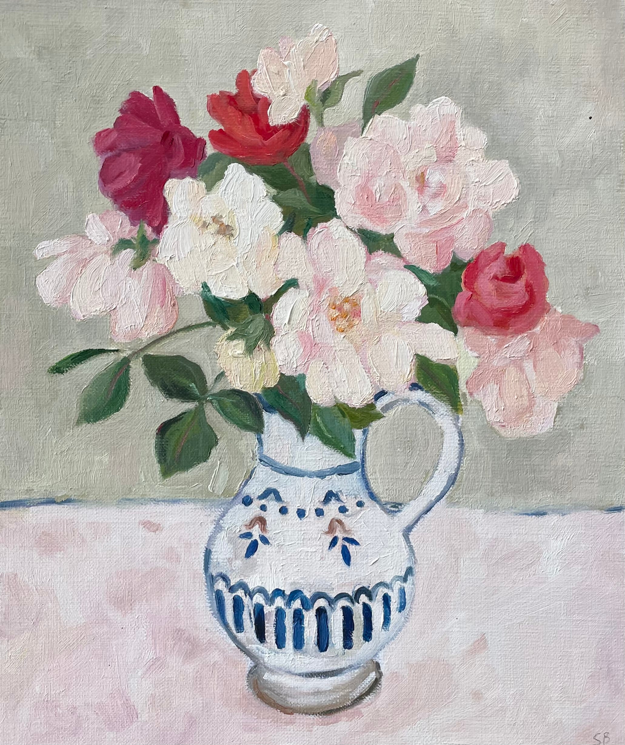 oil painting of roses in a French antique jug