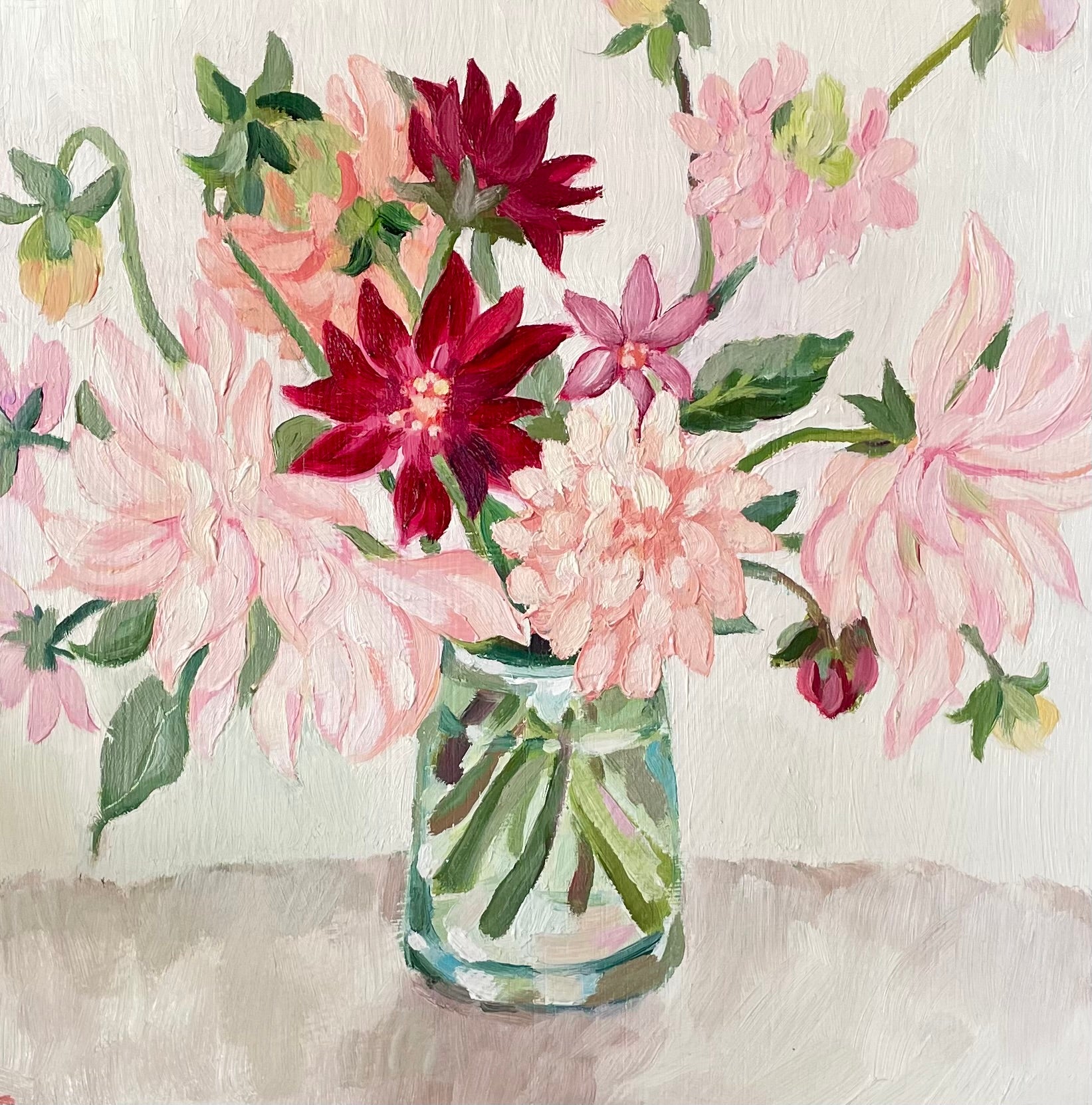 oil painting on board of dahlias in a glass vase