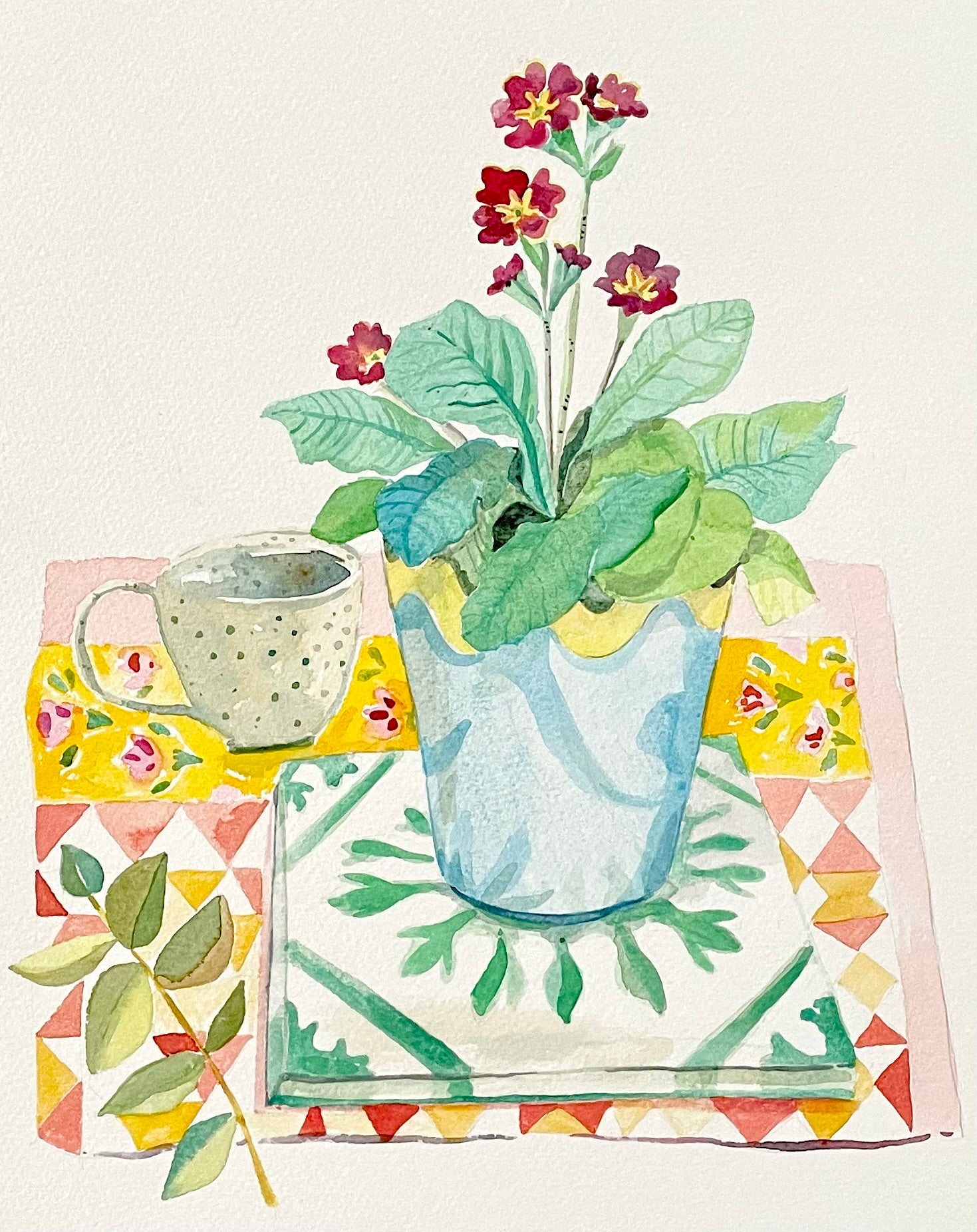 still life watercolour of primulas in a pot with  a teacup