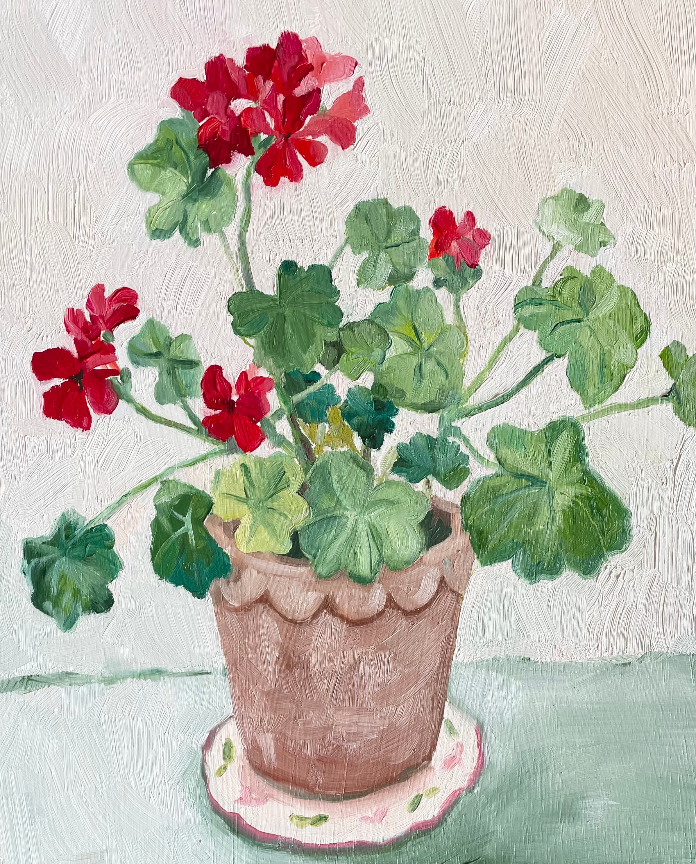 red geraniums in a scalloped pot oil painting