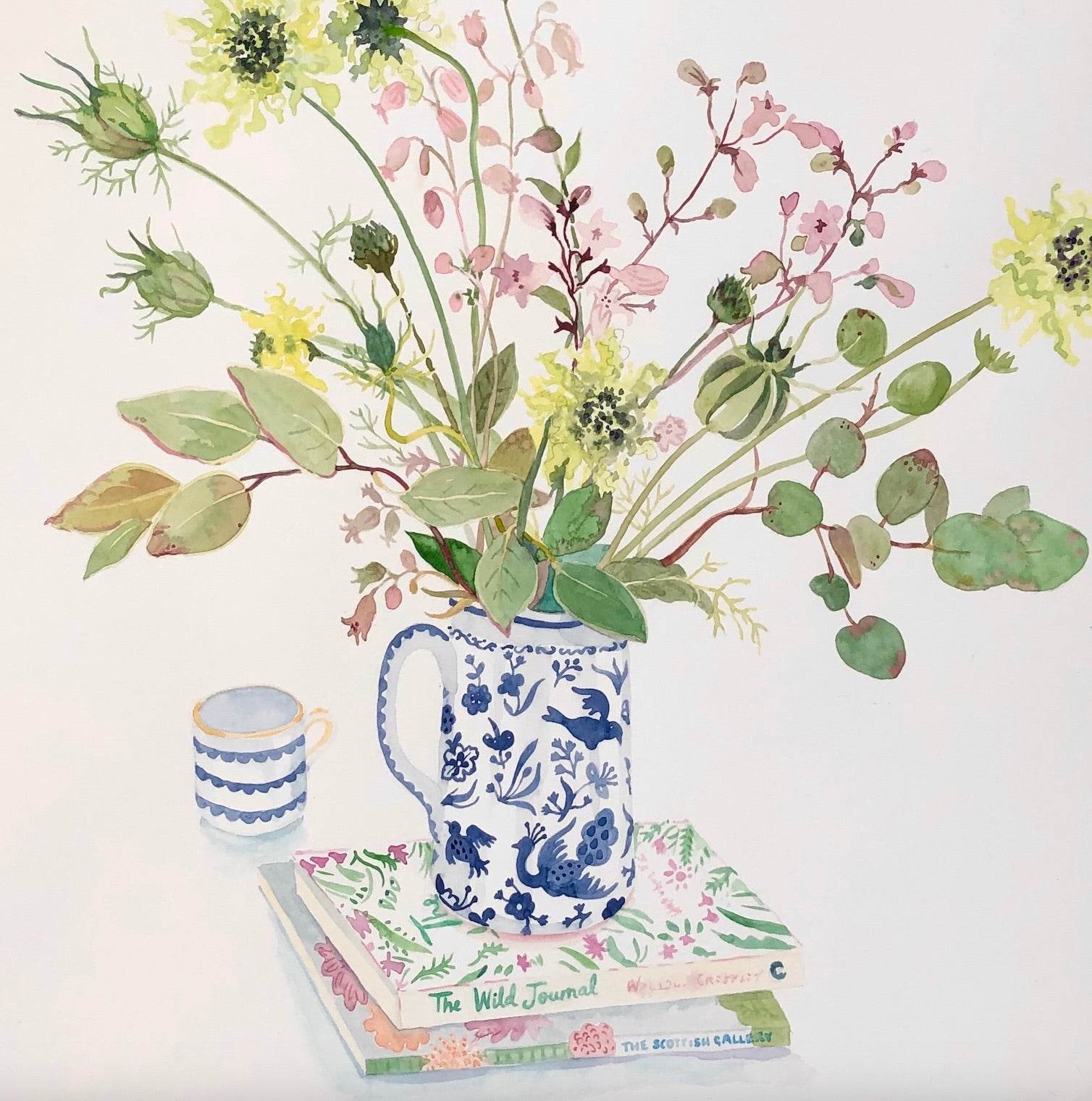 greetings card with flowers in a blue and white jug