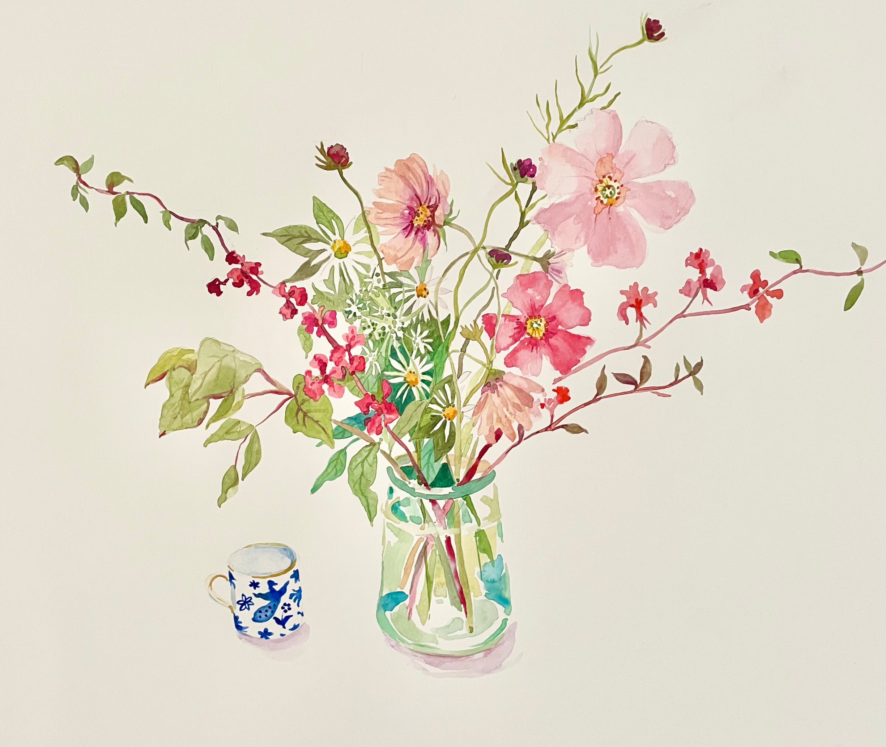 watercolour of summer flowers in a glass jar